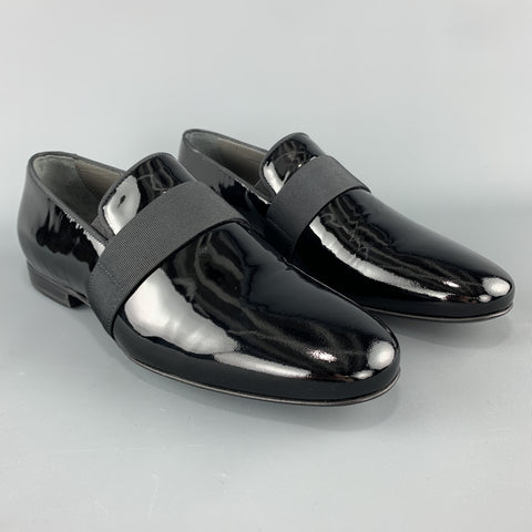LANVIN Size 10 Black Patent Leather Tuxedo SlipperLoafers