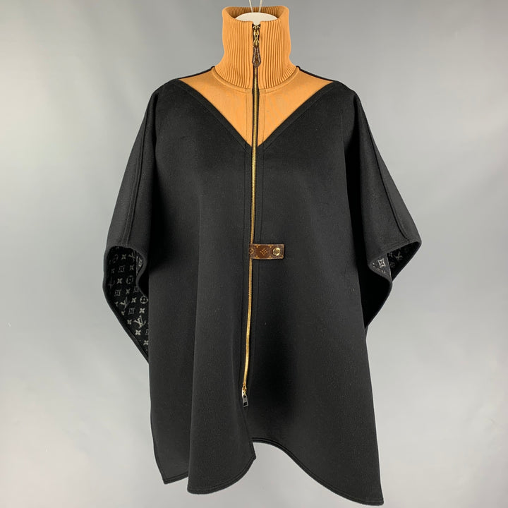 LOUIS VUITTON Size One Size Black Tan Wool Silk Sporty High Neck Double Face Cape