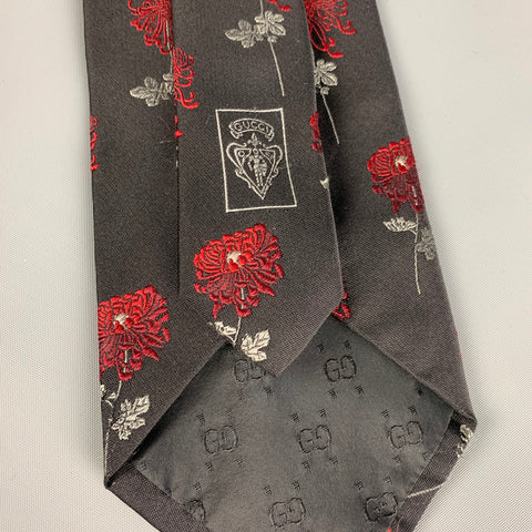 GUCCI by Tom Ford Black & Red Chrysanthemum Embroidered Silk Neck Tie