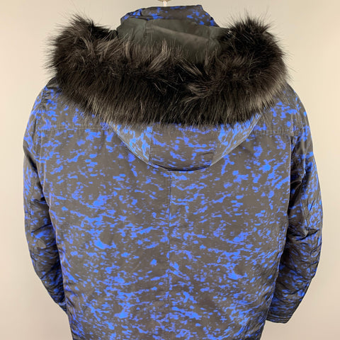 MICHAEL KORS Weather Engineered Size XL Black & Blue Print Polyester Hooded Parka Coat