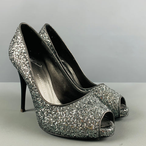 GIUSEPPE ZANOTTI Size 5.5 Silver Glitter Peep Toe Pumps