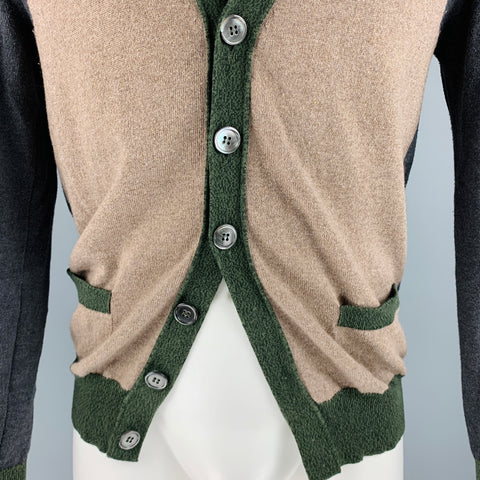 GOLDEN GOOSE Taille M Marron Gris Color Block Laine Mérinos Coton Cardigan Col V