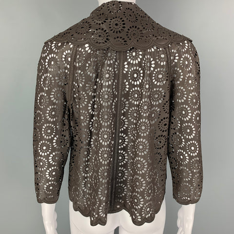 MALANDRINO Size 6 Brown Leather Perforated 3/4 Sleeves Jacket
