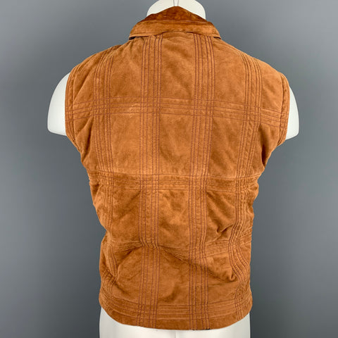 SALVATORE FERRAGAMO Size 42 Tan Suede Quilted Zip Up Hooded Vest