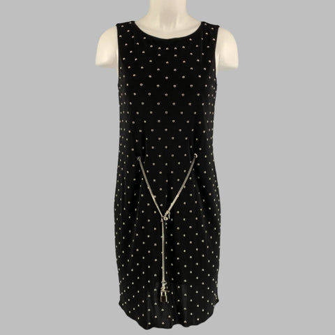 MOSCHINO Talla 6 Vestido recto por debajo de la rodilla con tachuelas de poliéster negro plateado