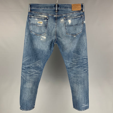 POLO by RALPH LAUREN Size 33 Indigo Distressed Denim Button Fly Jeans