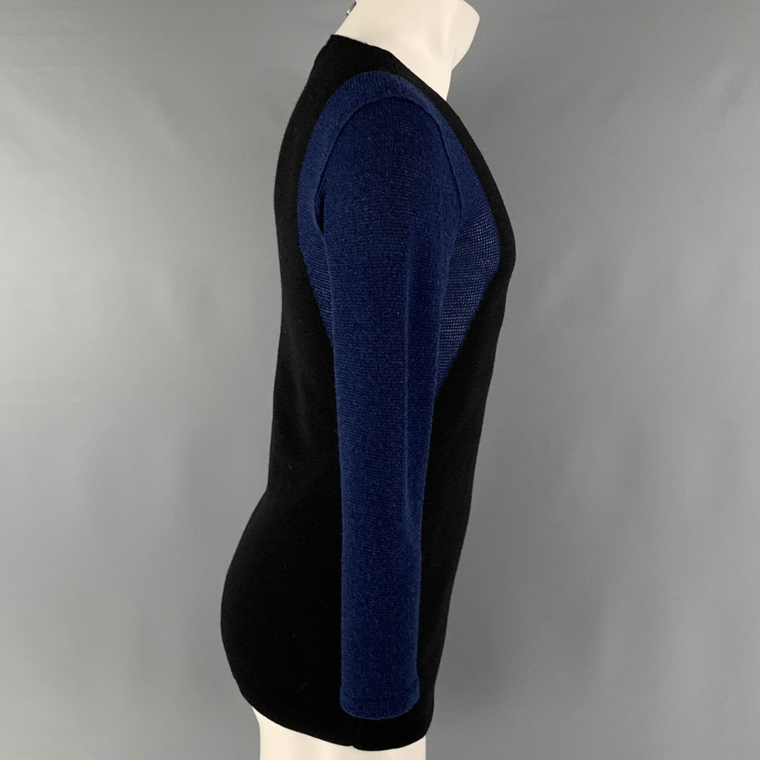 LANVIN Size M Navy Black Color Block Knitted Square Collar Pullover