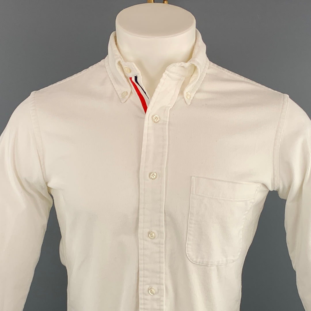 THOM BROWNE Size S White Solid Corduroy Button Down Long Sleeve Shirt