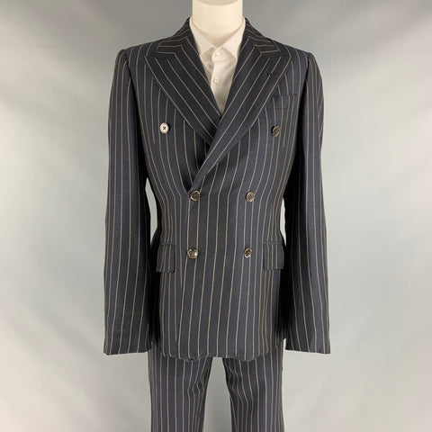 PRADA Taille 34 Costume plissé en lin et viscose à fines rayures crème marine