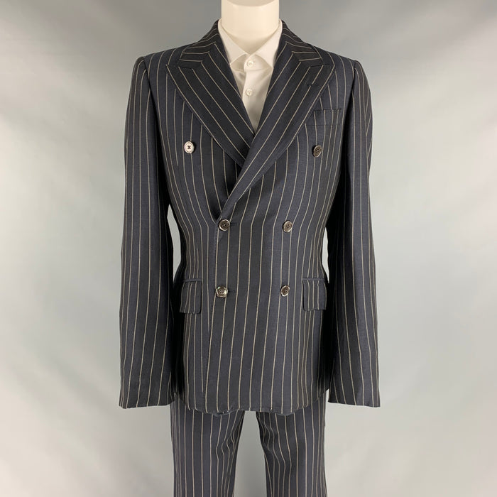 PRADA Size 34 Navy Cream Pinstripe Viscose Linen Pleated Suit