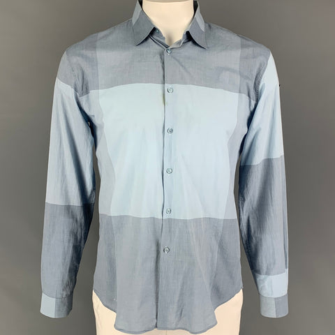 BURBERRY LONDON Size L Light Blue Checkered Cotton Long Sleeve Shirt