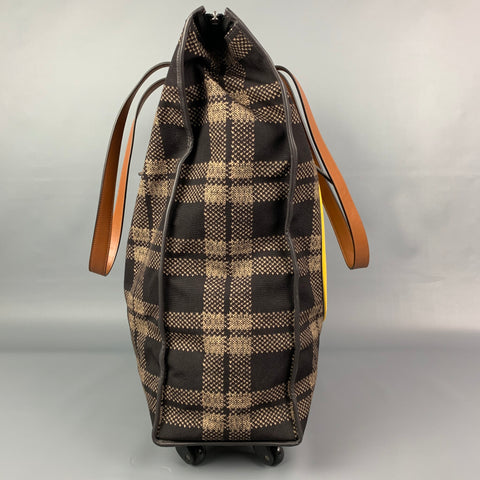 FENDI Brown & Yellow Plaid Canvas Leather Yellow Roller Luggage Travel Bag