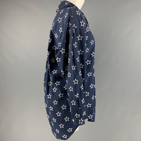 PERRY ELLIS Taille S Chemise à poches plaquées étoiles en coton blanc marine