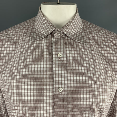 TOM FORD Taille XL Marron &amp; Blanc Micro Plaid Coton Bouton Up Chemise à manches longues