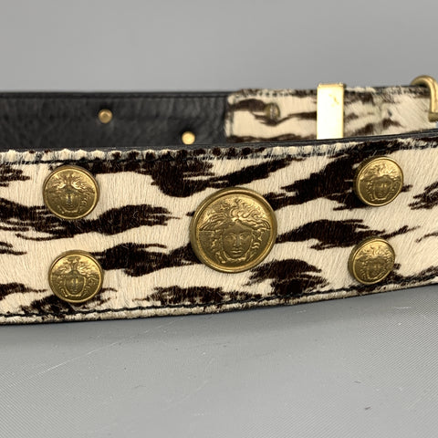 GIANNI VERSACE Studded Size 32 Beige Leather Pony Hair Brown Belt