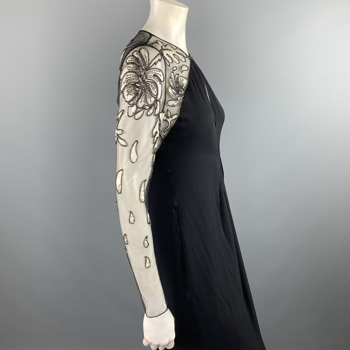 BILL BLASS Size 6 Black Cream Floral Mesh Sleeve Chiffon Gown