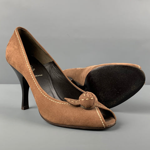 PRADA Size 6.5 Brown Suede Peep Toe Pumps