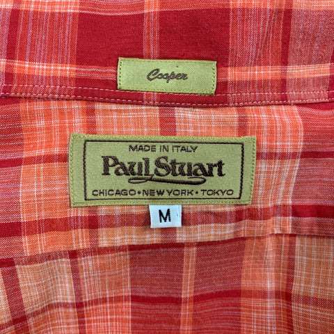 PAUL STUART Size M Red Orange Plaid Cotton Short Sleeve Shirt
