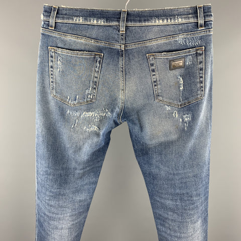 DOLCE & GABBANA Size 32 Blue Distressed Denim Zip Fly Jeans