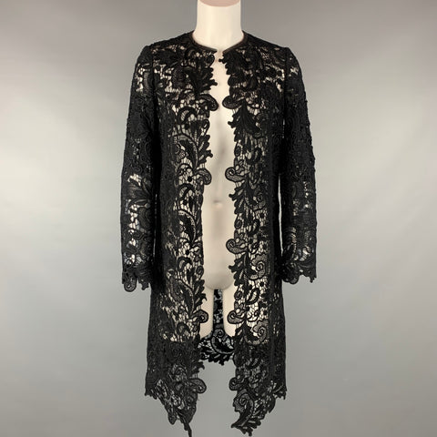 RALPH LAUREN Black Label Taille 2 Cardigan en dentelle de coton texturé noir avec garniture en cuir
