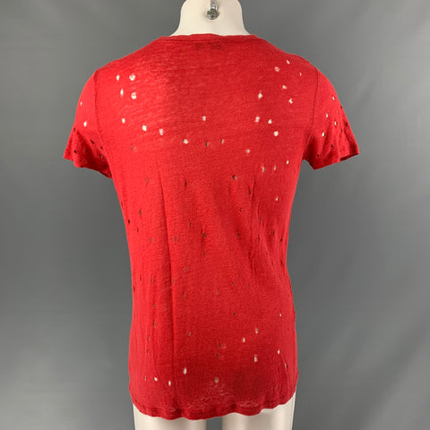 IRO Size S Red Distressed Linen Crew-Neck T-shirt
