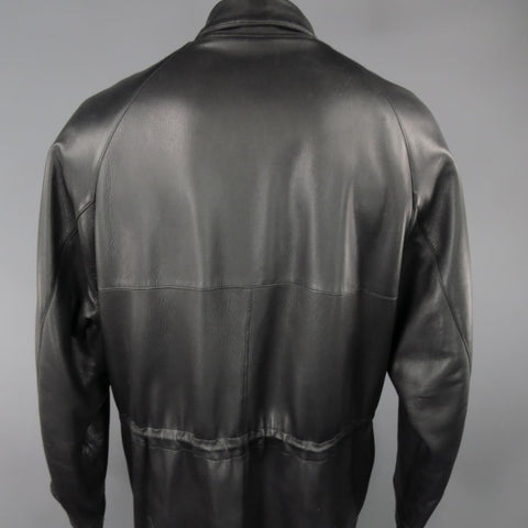 LORO PIANA 44 Black Leather Drawstring Waist Cashmere Lining 'Horsey'  Jacket