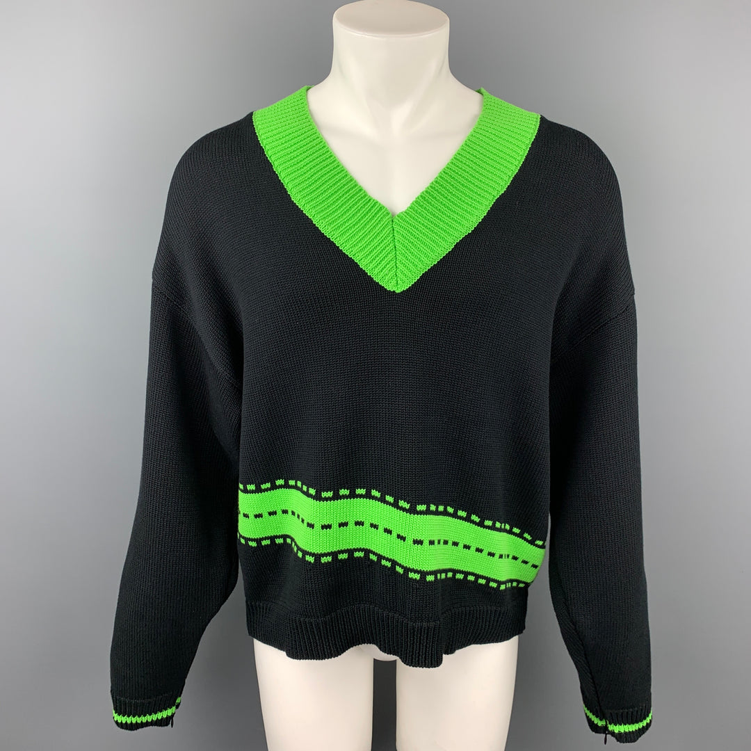 ATIVE Size L Black & Green Knitted Cotton V-Neck Sweater