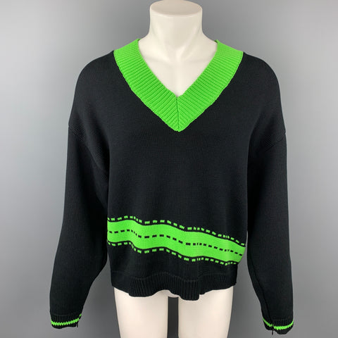 ATIVE Size L Black & Green Knitted Cotton V-Neck Sweater