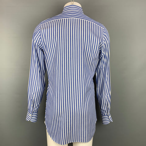 FINAMORE Size M Blue Stripe Cotton Button Down Long Sleeve Shirt