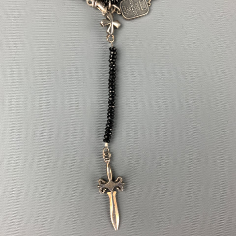 KING BABY Black Bead Sterling Silver Dagger Cross Necklace