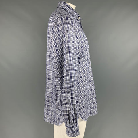 KITON Size XL Navy White Glenplaid Cotton Long Sleeve Shirt