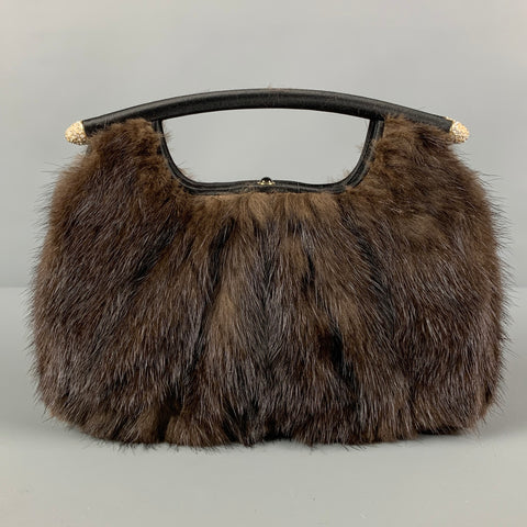 JUDITH LEIBER Brown Fur Clutch Top Handles Handbag
