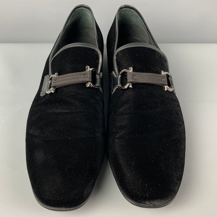SALVATORE FERRAGAMO Size 12 Black Velvet Leather Trim Lapo Loafers