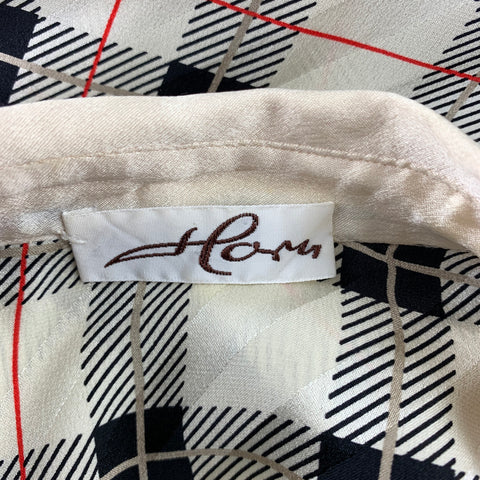 VINTAGE Size L Cream & Black Plaid Silk Pleated Blouse