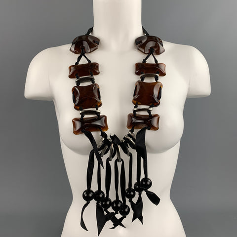 LANVIN Black & Brown Glass Metal Ribbon Tie Up Necklace