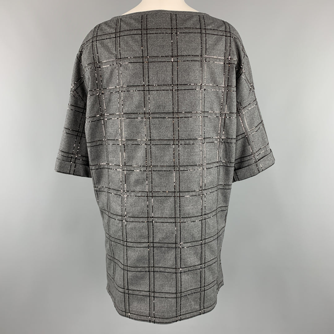 BRUNELLO CUCINELLI Size S Grey Sequin Monili Plaid Short Sleeve Top