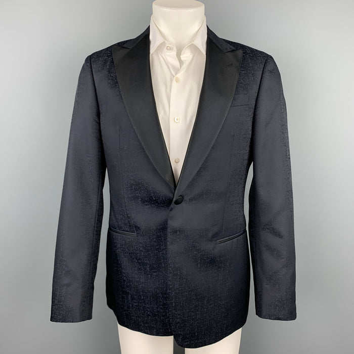 GIORGIO ARMANI Soft Taille 38 Manteau de sport en laine marbrée noire / soie à revers en pointe