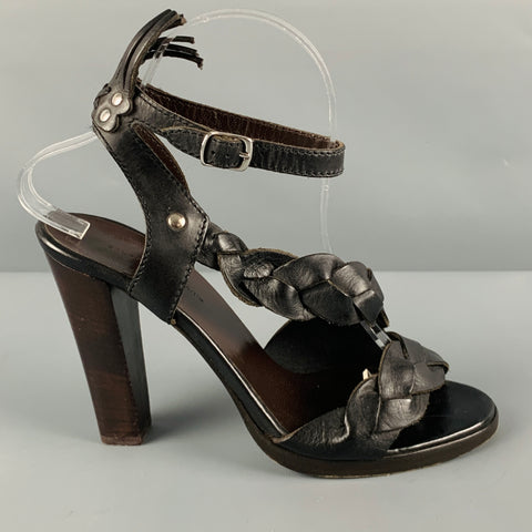 BALENCIAGA Size 8 Black Brown Leather Braided Chunky Heel Sandals