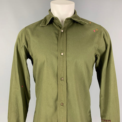 DSQUARED2 Size S Olive Stitched Cotton Wire Trim Button Up Long Sleeve Shirt