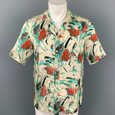 DRIES VAN NOTEN S/S 20 Size XS Beige & Green Beaded Viscose Camp Short Sleeve Shirt