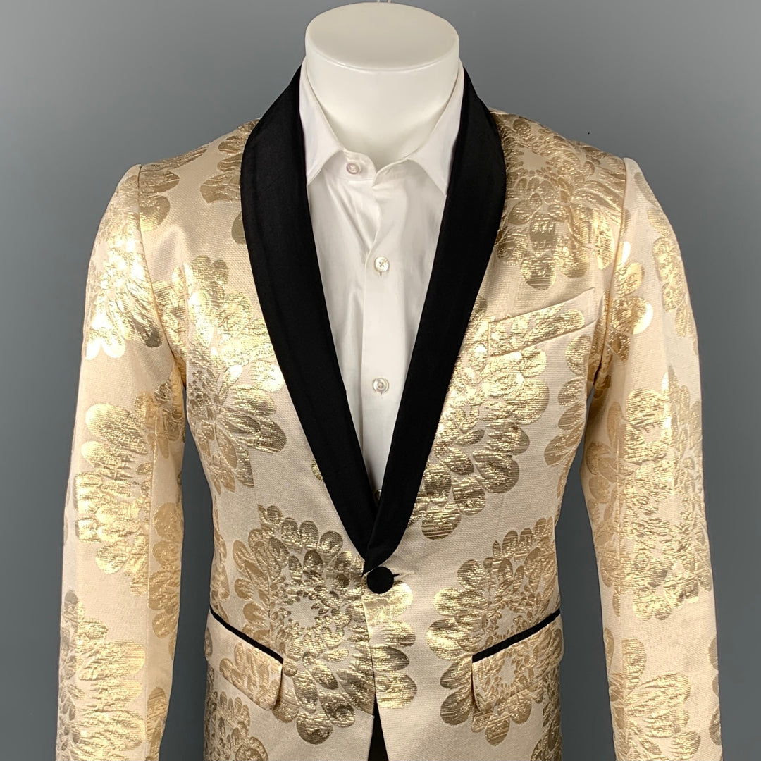 MR TURK Size 36 Beige & Gold Brocade Cotton Blend Shawl Collar Sport Coat