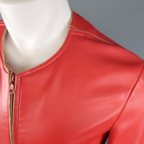 JIL SANDER Size L Red Raw Edge Leather Collarless Zip Jacket