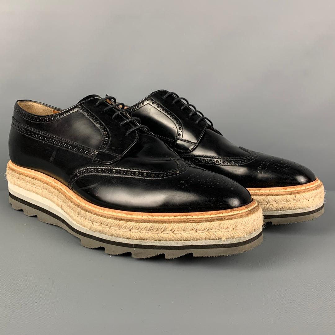 PRADA Size 11.5 Black Perforated Leather Wingtip Lace Up Shoes PRADA Size 11.5 Black Perforated Leather Wingtip Lace Up Shoes