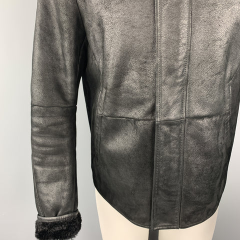 JIL SANDER Size 42  Black Shearling Leather High Collar Zip Up Jacket