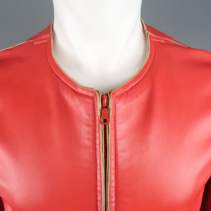 JIL SANDER Size L Red Raw Edge Leather Collarless Zip Jacket