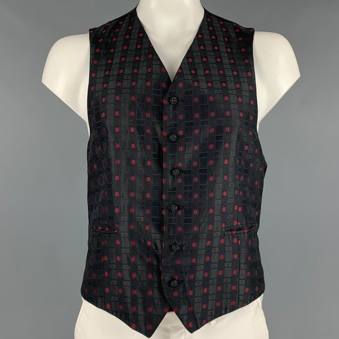 NEIMAN MARCUS Size XL Black Burgundy Jacquard Silk Buttoned Vest