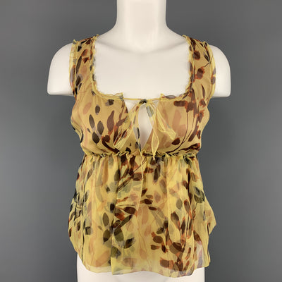 MISSONI Size 2 Yellow Leaf Print Silk Pleated Sleeveles Blouse