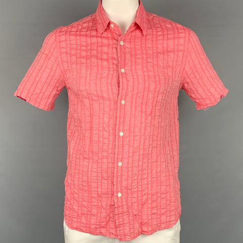 MR TURK Size L Pink Textured Linen Blend Button Up Short Sleeve Shirt