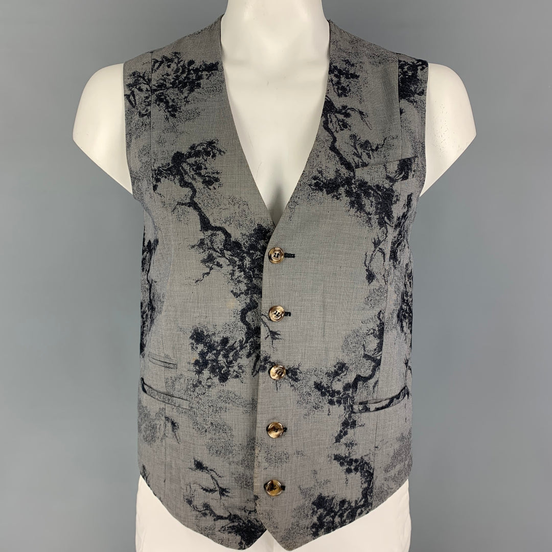 KENZO Size L Navy White Houndstooth Cotton Blend Embroidered Vest
