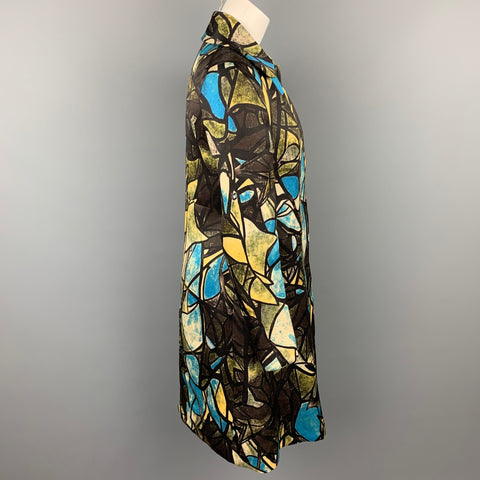 MARNI Talla 6 Abrigo abotonado de seda / lana con estampado marrón y azul